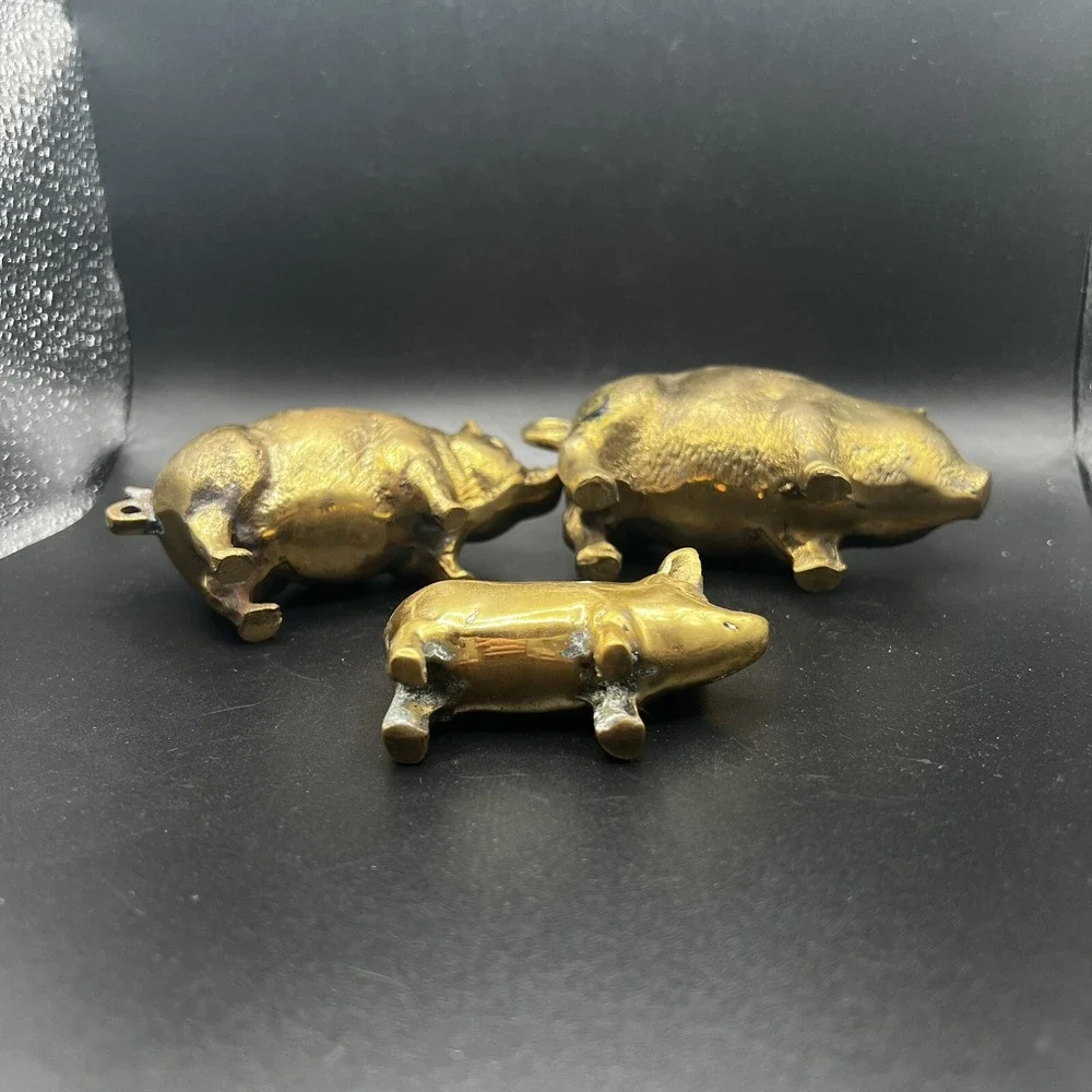 3 Vintage Solid Brass Pig Family Figures Ornaments Three Little Pigs Retro Heavy